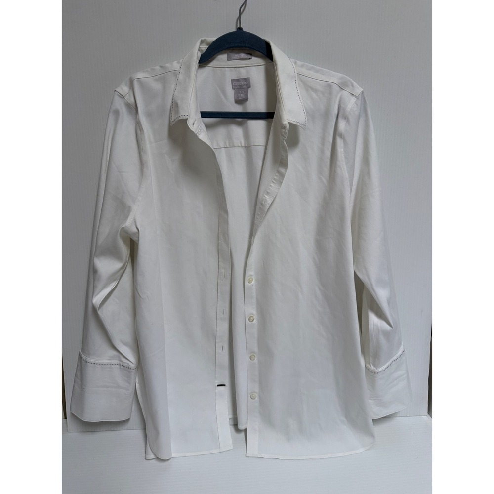 Chicos No Iron Chic Stretch White Button Down Shirt Pick Stitch Size 3.5 XL 18